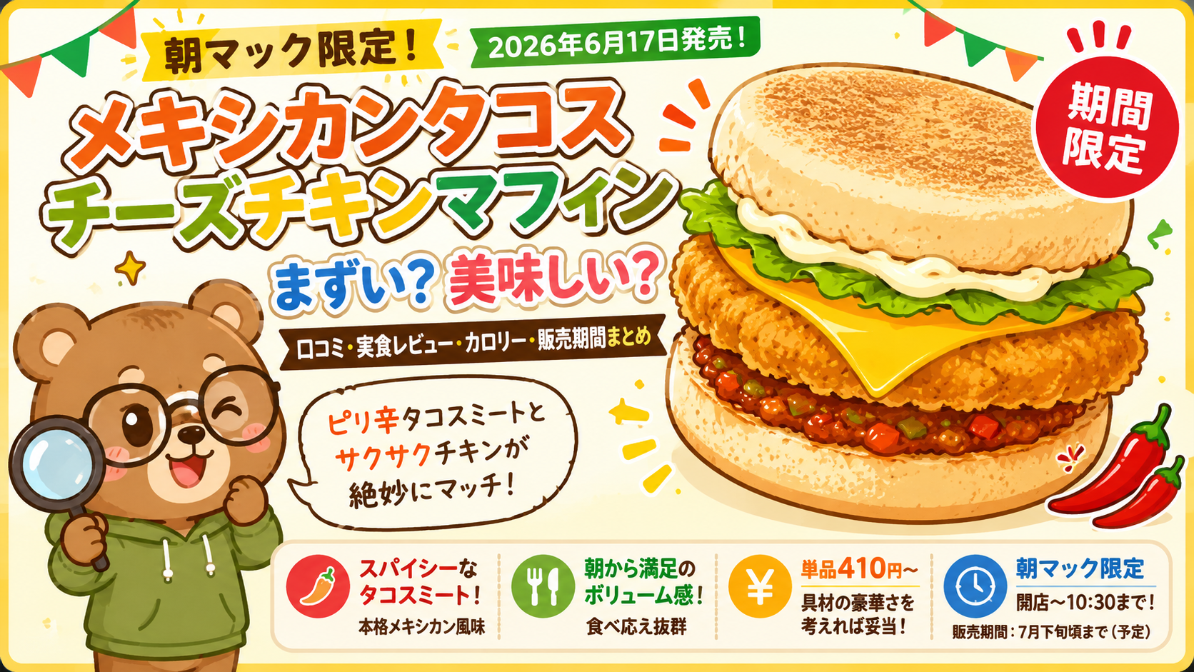 【朝マック限定】メキシカンタコスチーズチキンマフィンはまずい?美味しい?口コミ・実食レビュー【2026年6月】