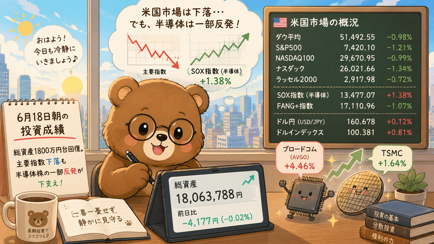 2026年6月18日米国株成績｜総資産1800万円台回復。主要指数下落も半導体株の一部反発が下支え