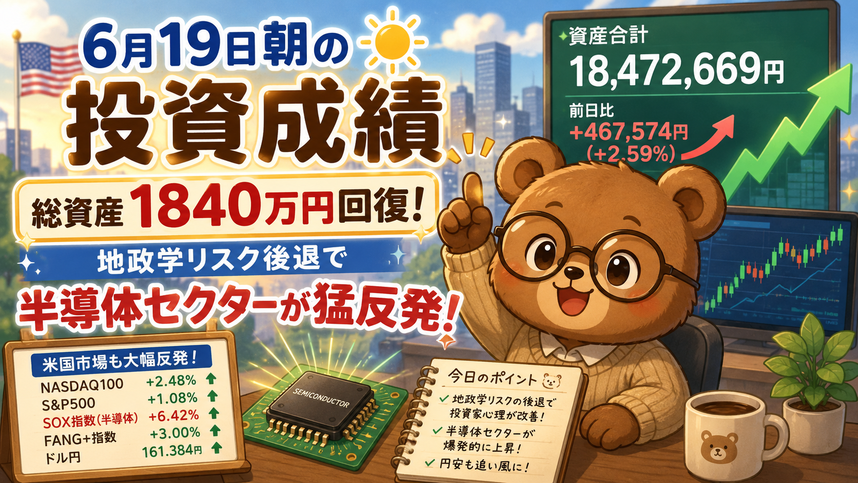 2026年6月19日米国株成績｜総資産1840万円回復。地政学リスク後退で半導体セクターが猛反発
