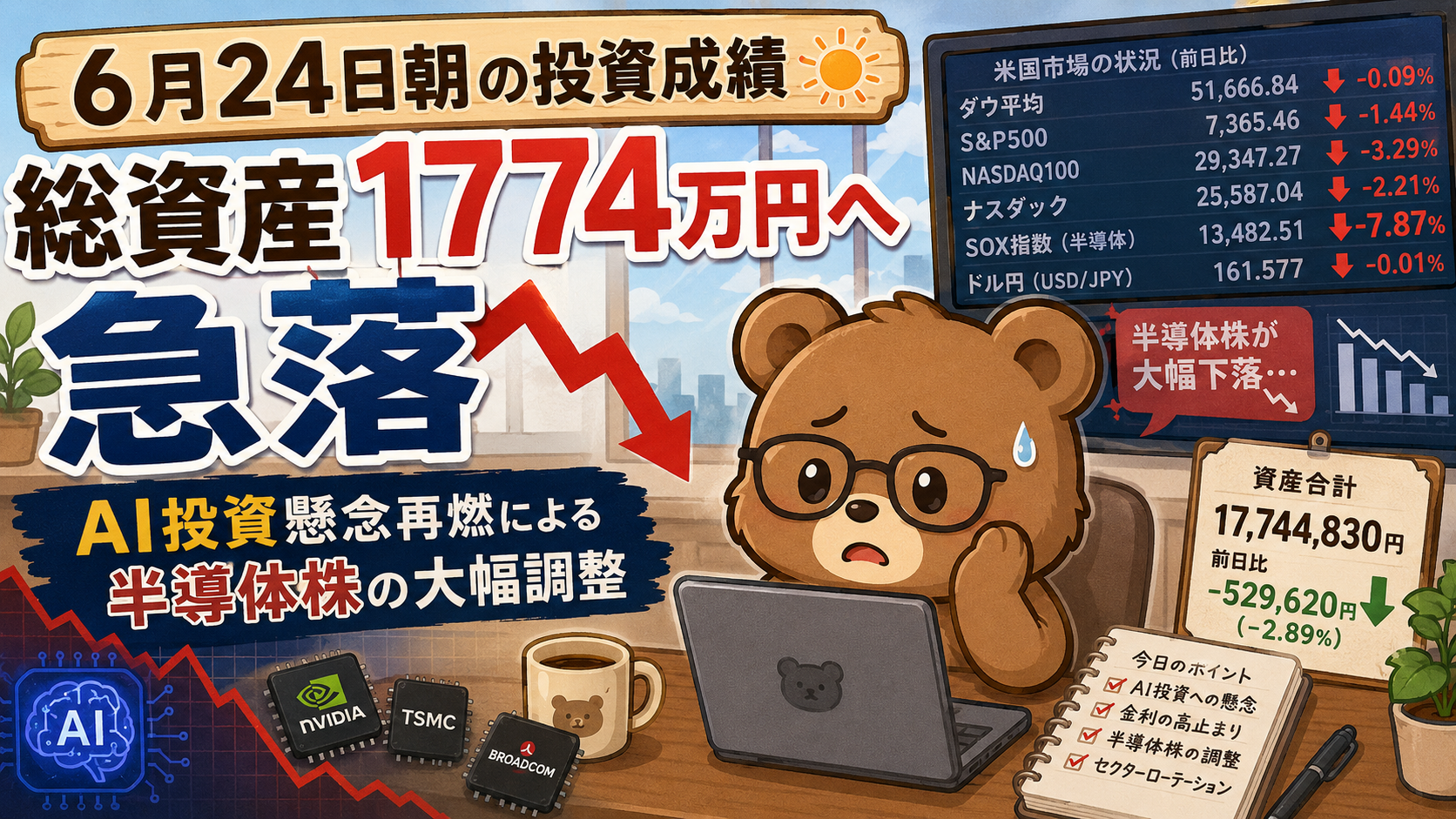2026年6月24日米国株成績｜総資産1774万円へ急落。AI投資懸念による半導体株の急調整を記録