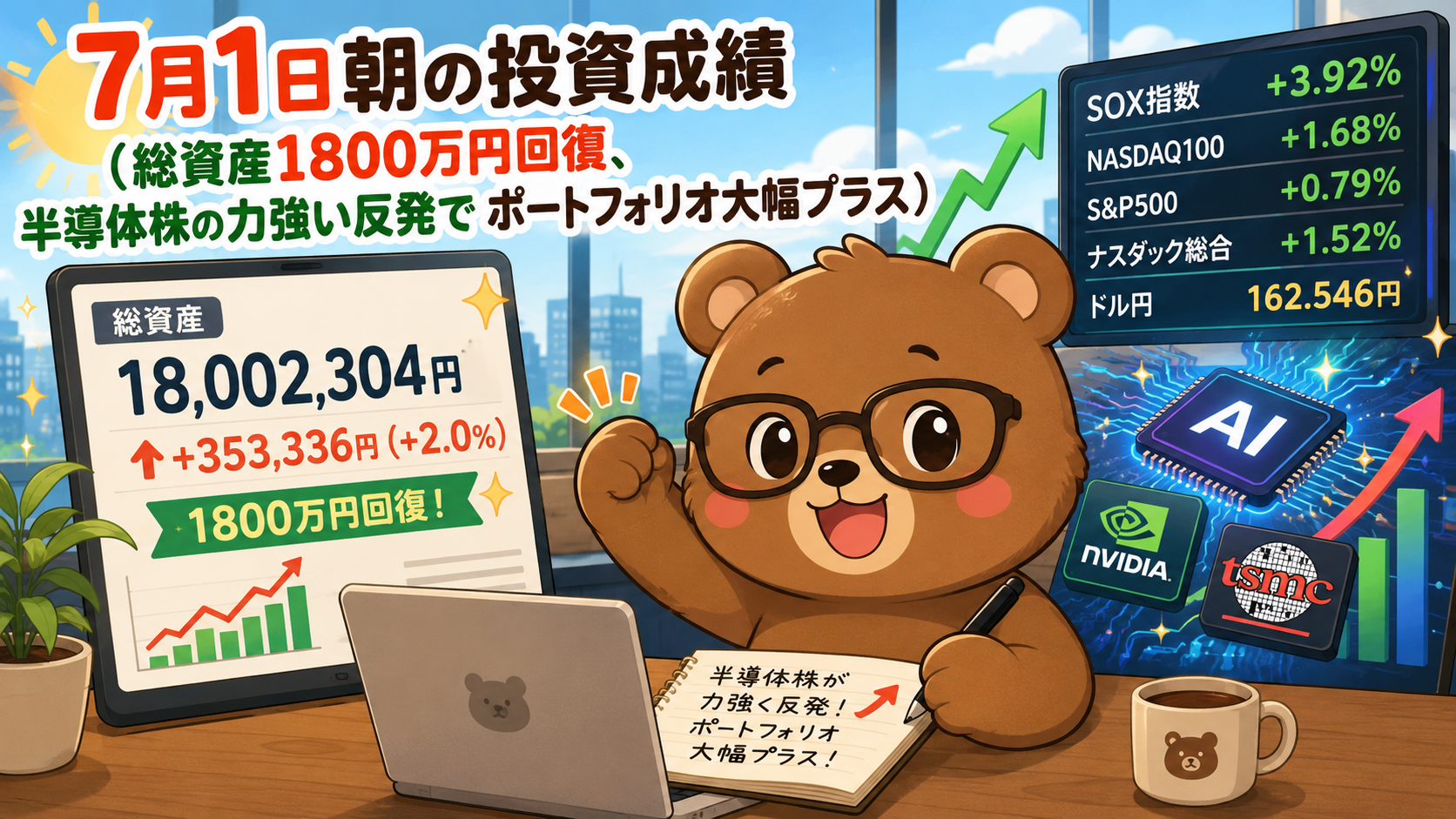 2026年7月1日米国株成績｜総資産1800万円回復、半導体株の力強い反発で大幅プラス