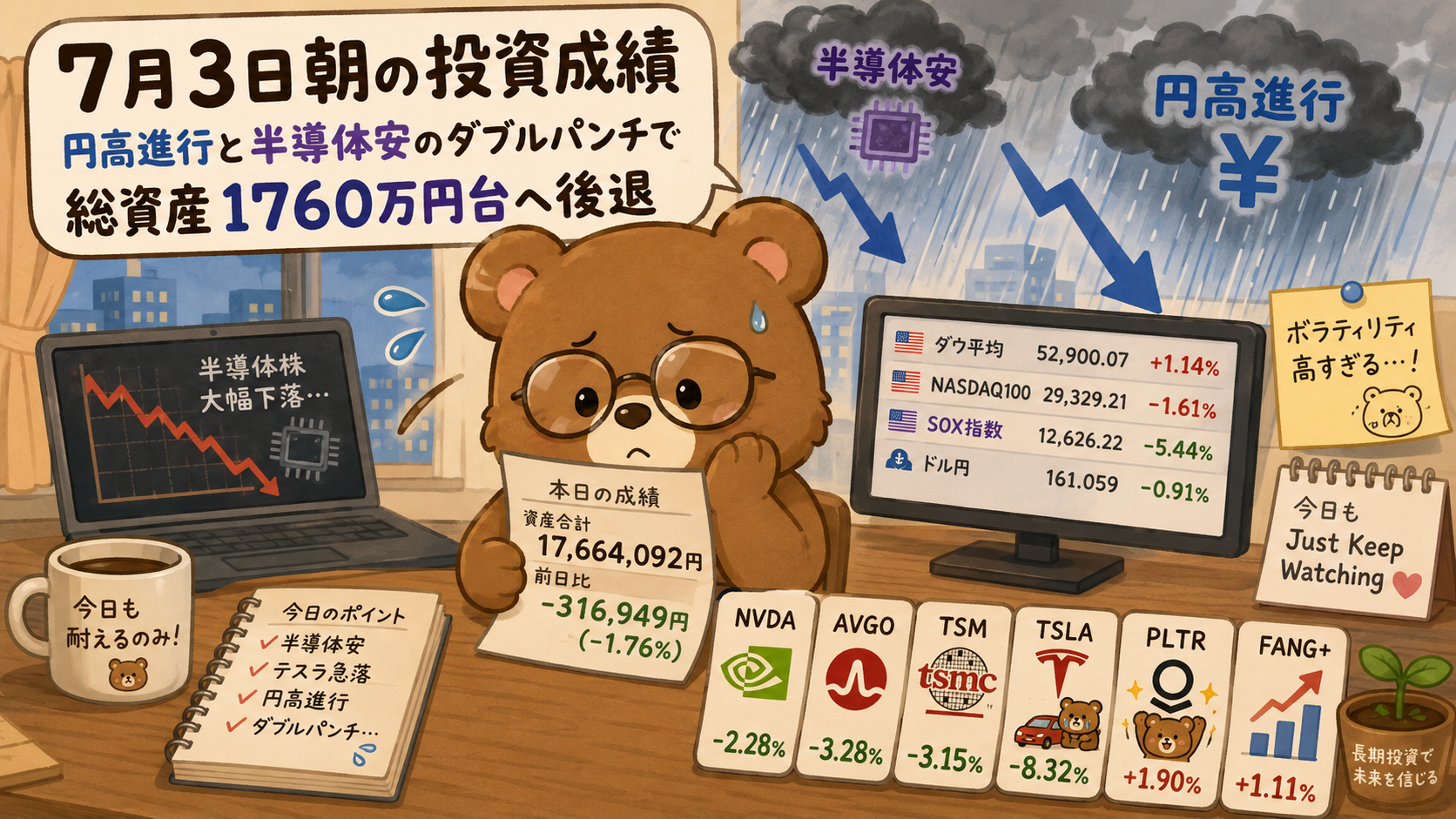 2026年7月3日米国株成績｜円高進行と半導体安のダブルパンチで総資産1760万円台へ後退