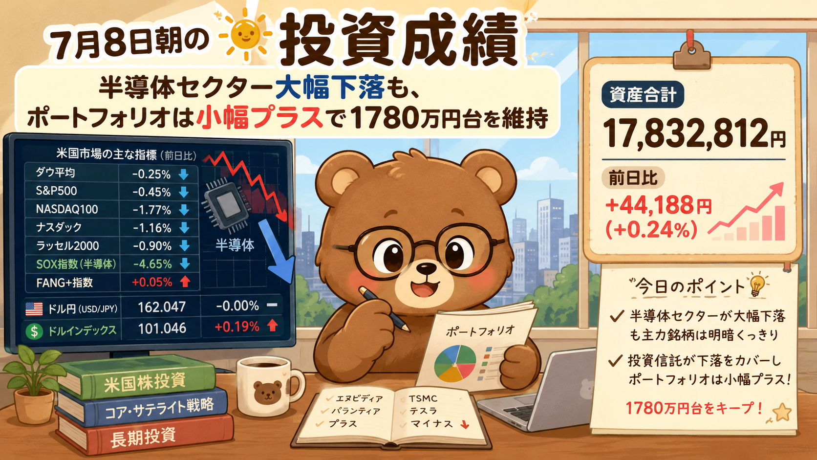 2026年7月8日米国株成績｜半導体株急落も投信がカバー！総資産1780万円台を維持