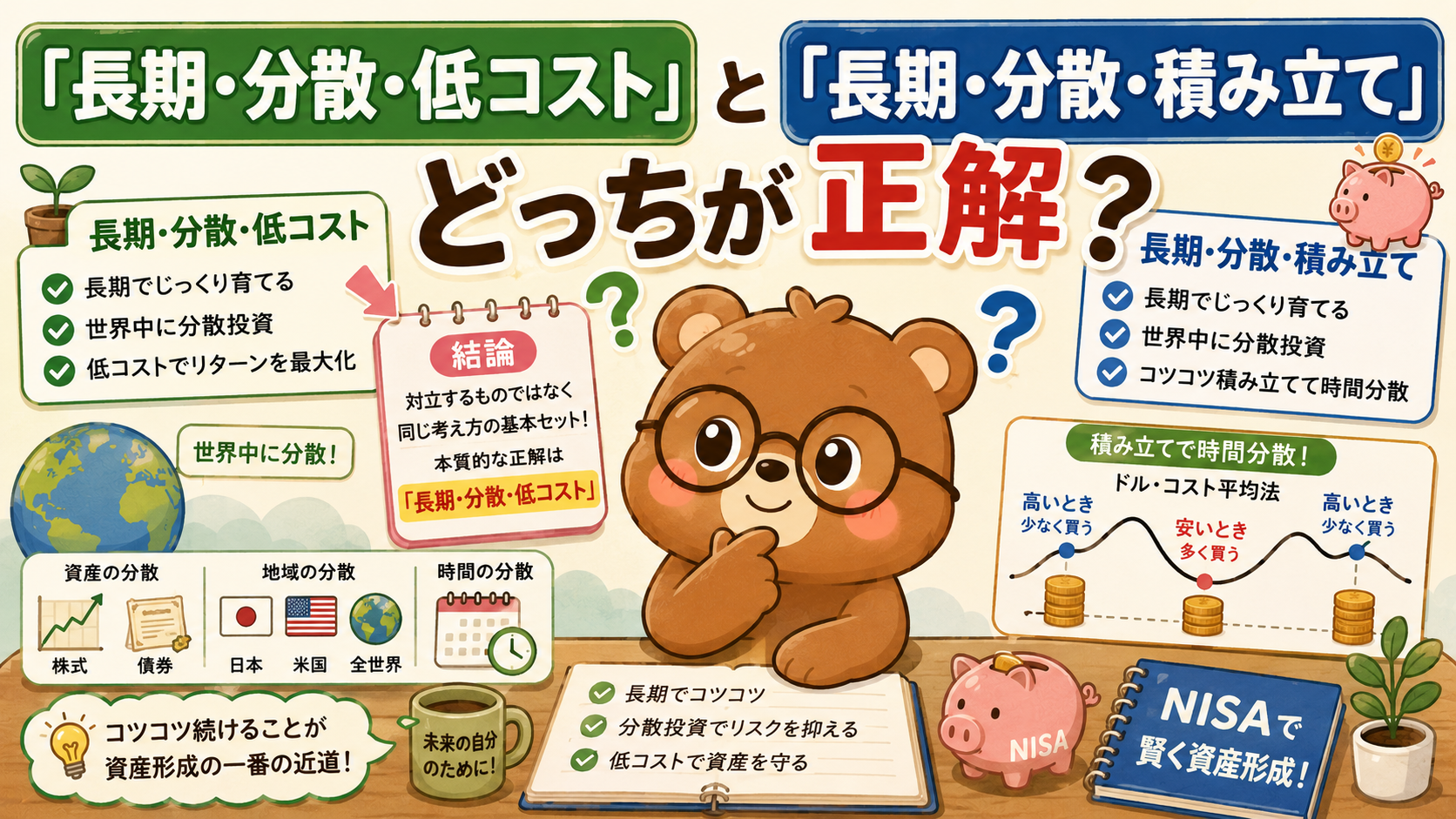 「長期・分散・低コスト」と「長期・分散・積み立て」どっちが正解？初心者向け解説