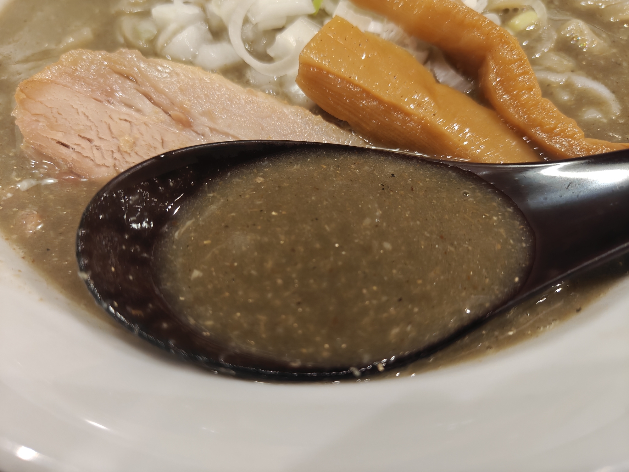 煮干しラーメン山岡家 まずい?美味しい?口コミ・実食レビュー【2026年8月】 極濃煮干し豚骨ラーメン スープ