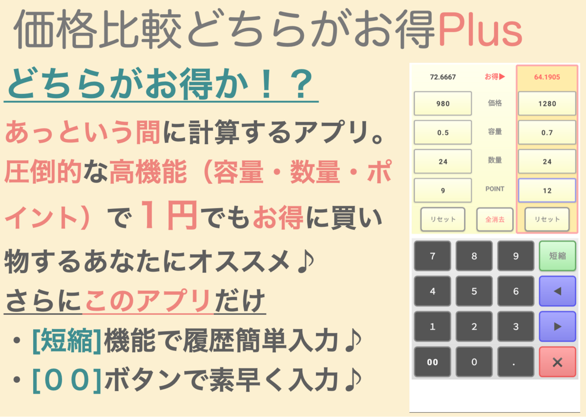 買い物上手の必須アプリ「価格比較 どちらがお得 Plus（金額計算アプリ」をリリース ※１円でもお得に買い物する方へ - 週末のアプリ作成