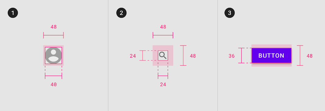 3つのアイコンが並べています。左にちょうど48dpのアイコンと、真ん中に24dpのアイコンと、右に36dpのアイコンがあります。真ん中と右のアイコンはpaddingを調整して、タッチ可能領域を広げてます。