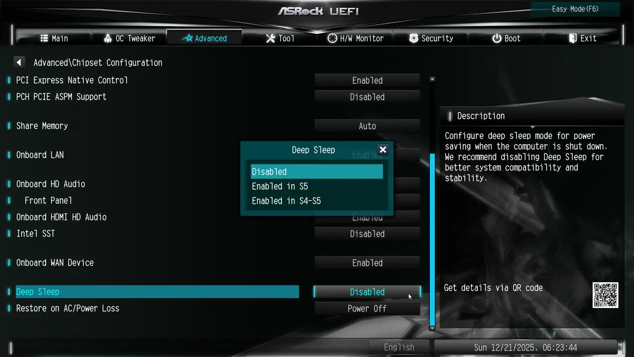 ASRock UEFI BIOS Deep Sleep設定画面