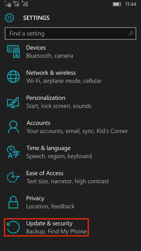 Windows10 MobileのUpdate & Security