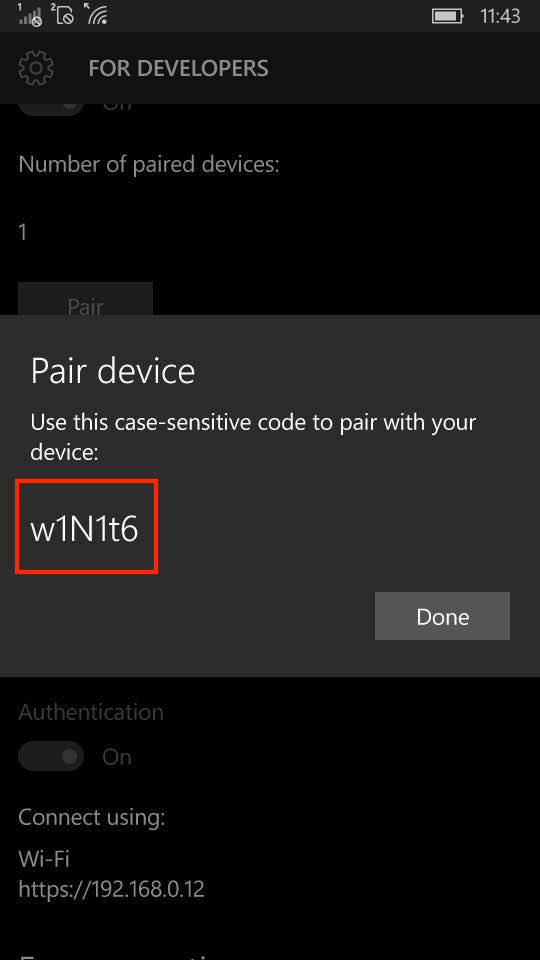 Windows 10 MobileのPair設定画面