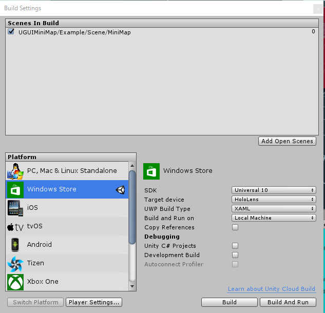 UnityでHoloLensのWorld LockアプリをビルドするときのBuild Settings画面