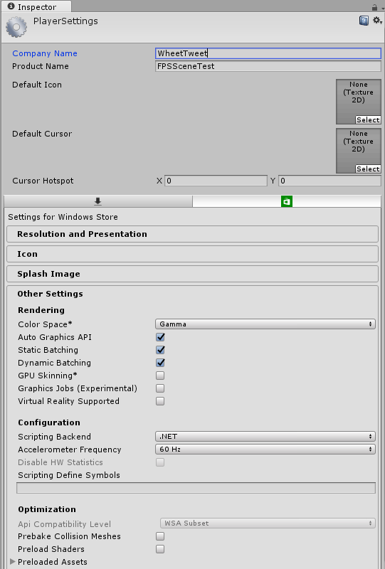 UnityでHoloLensのWorld LockアプリをビルドするときのPlayer Settings画面