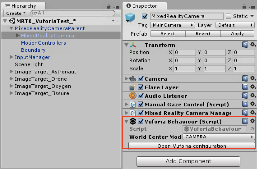 UnityでMixed Reality Tool Kitを使うときのvuforiaコンポーネント