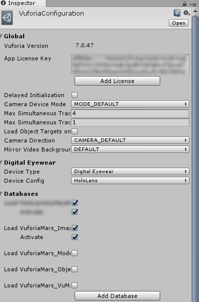 Vuforia Configuration画面