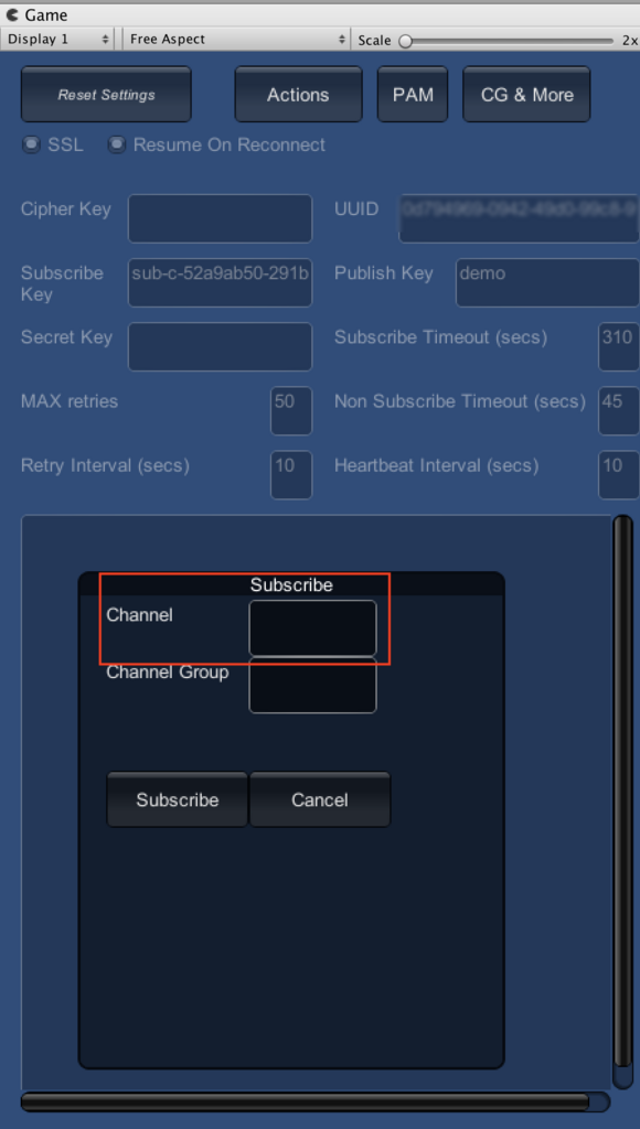 PubNub Unity SDKのサンプルシーン実行時の情報入力画面