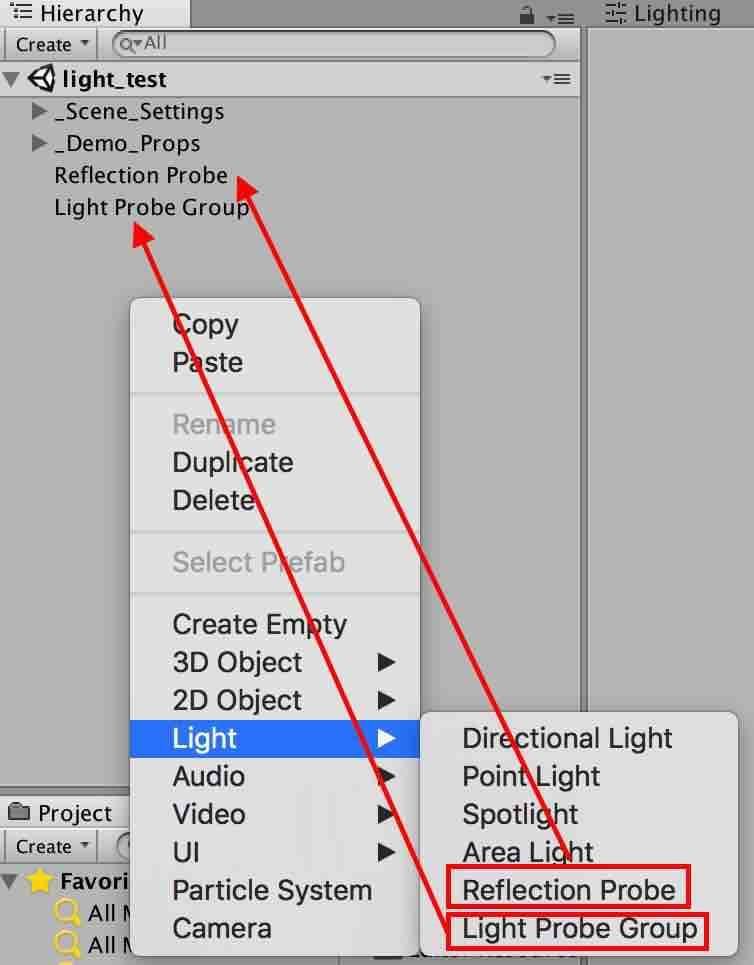 f:id:Takyu:20180709065623j:plain UnityのReflection ProbeとLight Probe Groupを追加場所