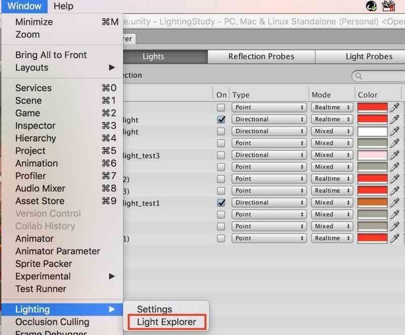 f:id:Takyu:20180709070225j:plain UnityのLight Explorerを表示した例
