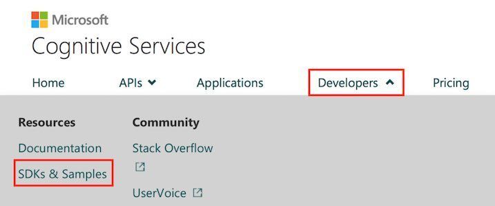 f:id:Takyu:20180710070703j:plain Cognitive ServiceのサイトトップからSDKs & Sampleに遷移するためのリンクボタン