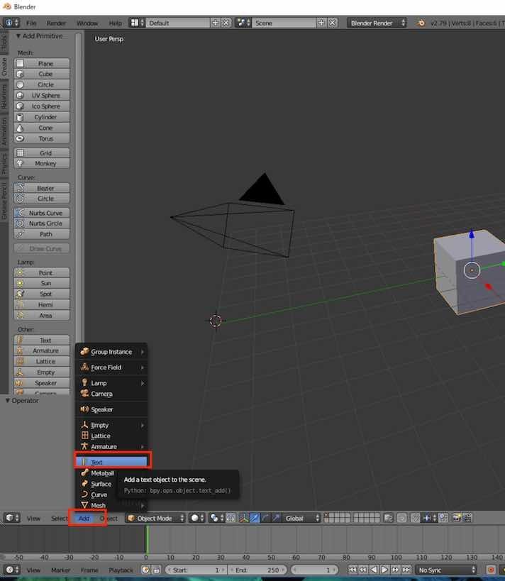 f:id:Takyu:20180713130041j:plain BlenderのAddメニューからTextを選ぶ例