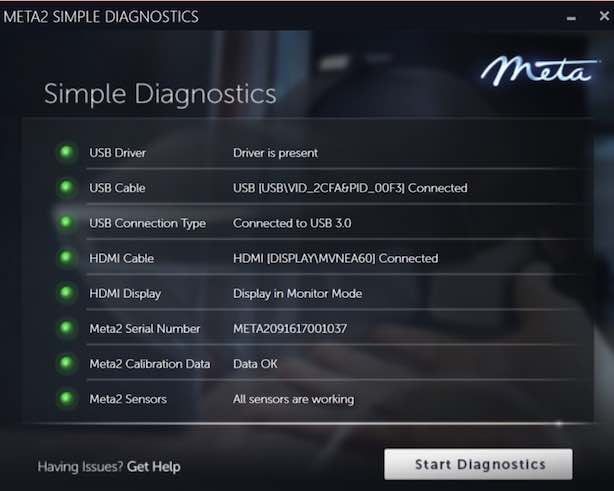 Meta2のDiagnostics完了画面