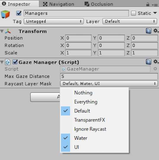 f:id:Takyu:20180714231001j:plain GazeManagerコンポーネントのRayCast Layer Mask設定例