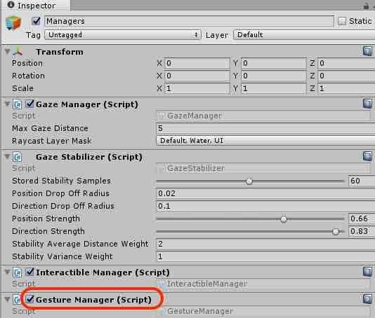 f:id:Takyu:20180714231259j:plain ManagersオブジェクトにGesture Manager.csを追加する例