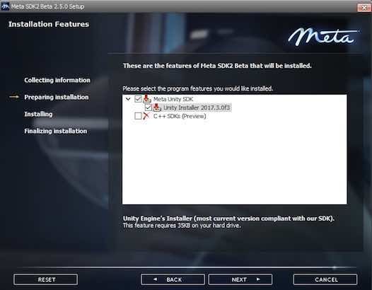 Meta2 SDK2.5のインストール画面
