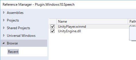 Visual StudioのReference ManagerでUnityPlayer.winmdとUnityEngine.dllを選択する画面