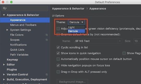 f:id:Takyu:20181104003404j:plain Android Studio 3.2.1の設定画面でテーマの色を変更するときの画面