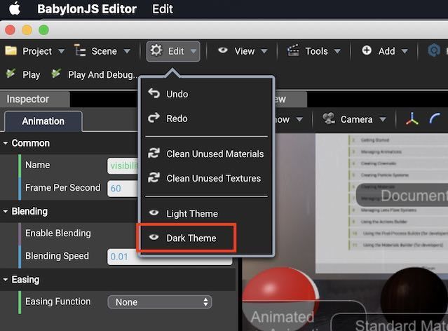 f:id:Takyu:20181107051145j:plain Babylon.js EditorをDark Themeに変更するためのボタン配置場所