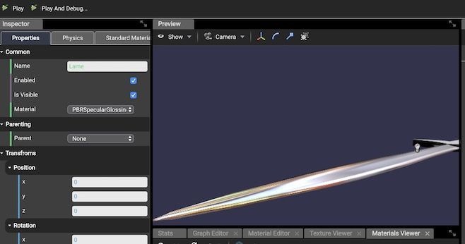 Babylon.js EditorでPBR Material割り当て後画面 Babylon.js EditorでPBR Material割り当て後画面