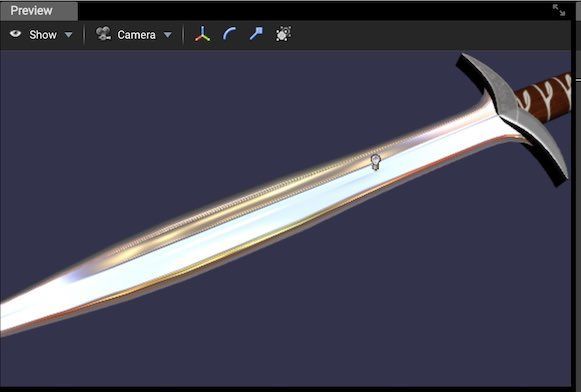 Babylon.js EditorでSword modelにPBRとテクスチャを割り当てた画面 Babylon.js EditorでSword modelにPBRとテクスチャを割り当てた画面