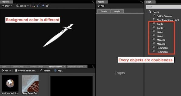 Babylon.js Editorでプロジェクト読み込みした時の不具合画面 Babylon.js Editorでプロジェクト読み込みした時の不具合画面