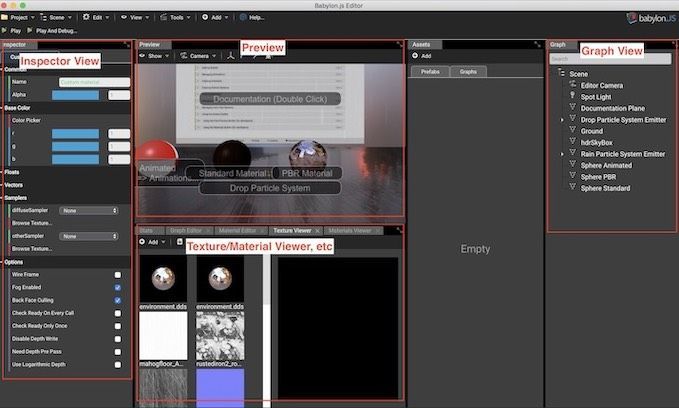 Babylon.js Editorの各エリアの名前 Babylon.js Editorの各エリアの名前