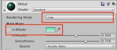 Unity2018のマテリアルでRendering modeをfadeに設定する画面 Unity2018のマテリアルでRendering modeをfadeに設定する画面