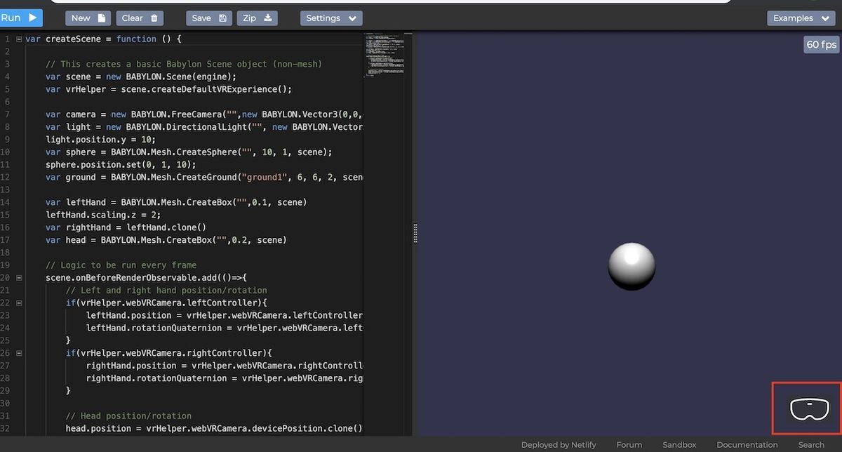 Babylon.jsのWebVRサンプル画面のVRモードボタン Babylon.jsのWebVRサンプル画面のVRモードボタン
