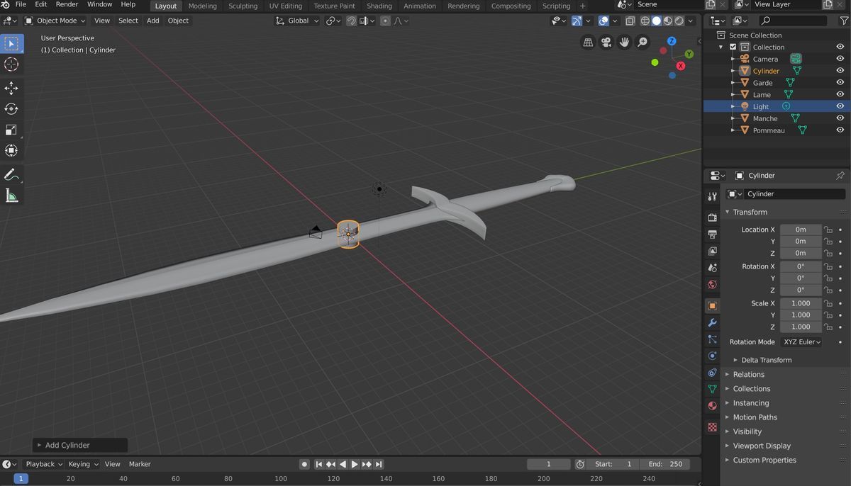 A sword model and cylinder  has been imported in blender 2.8