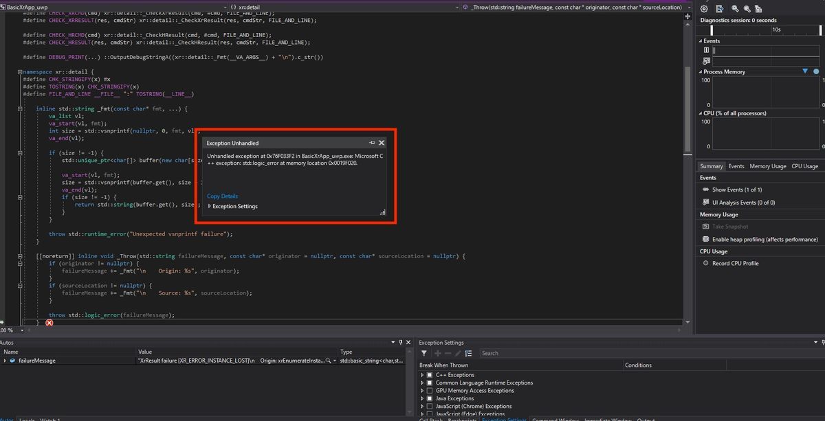 Exception unhandled of OpenXR1.0 on HoloLens2 emulator