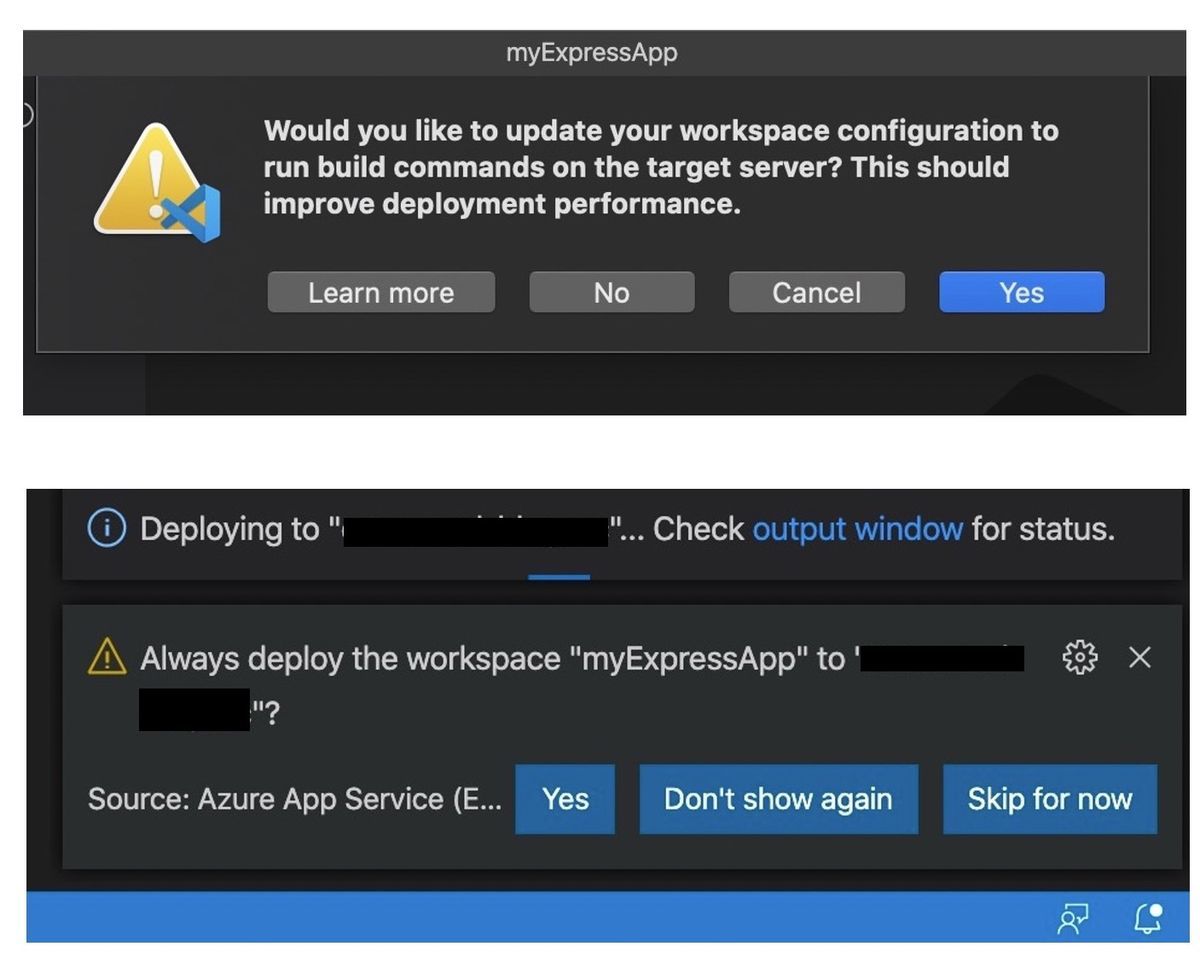 Two messages while deploying myExpressApp to Azure