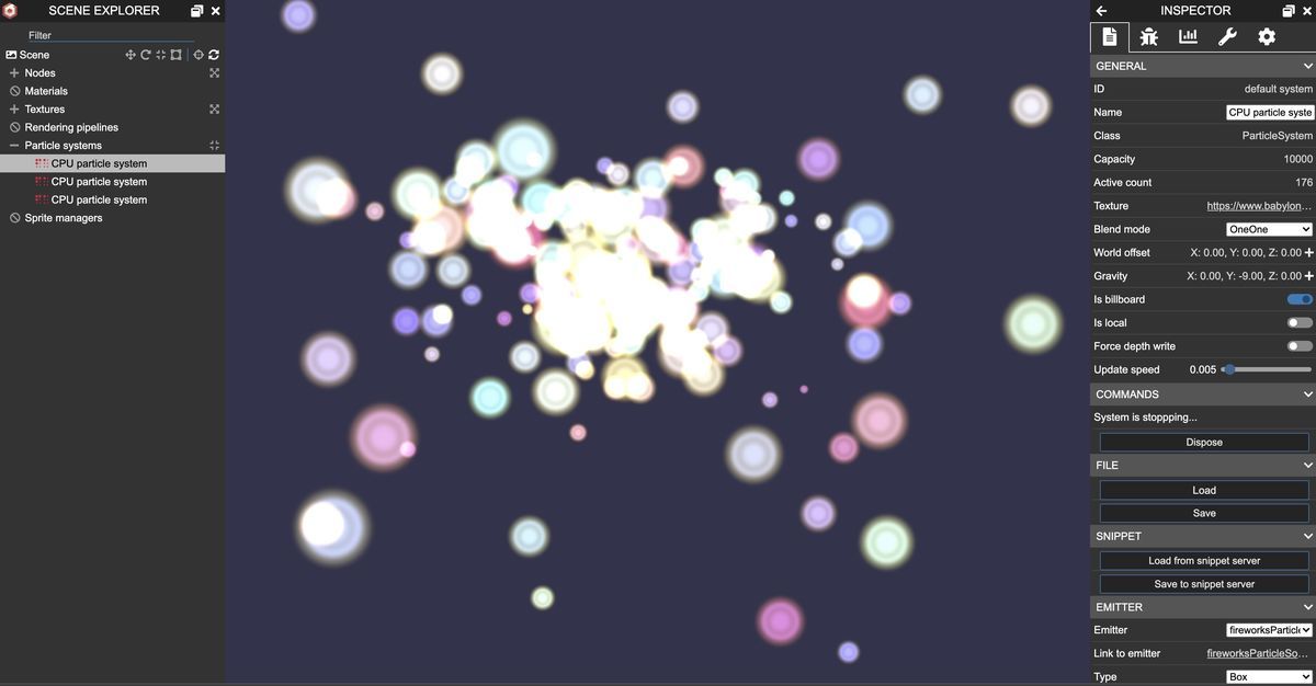 fireworks effect by babylonjs particle editor