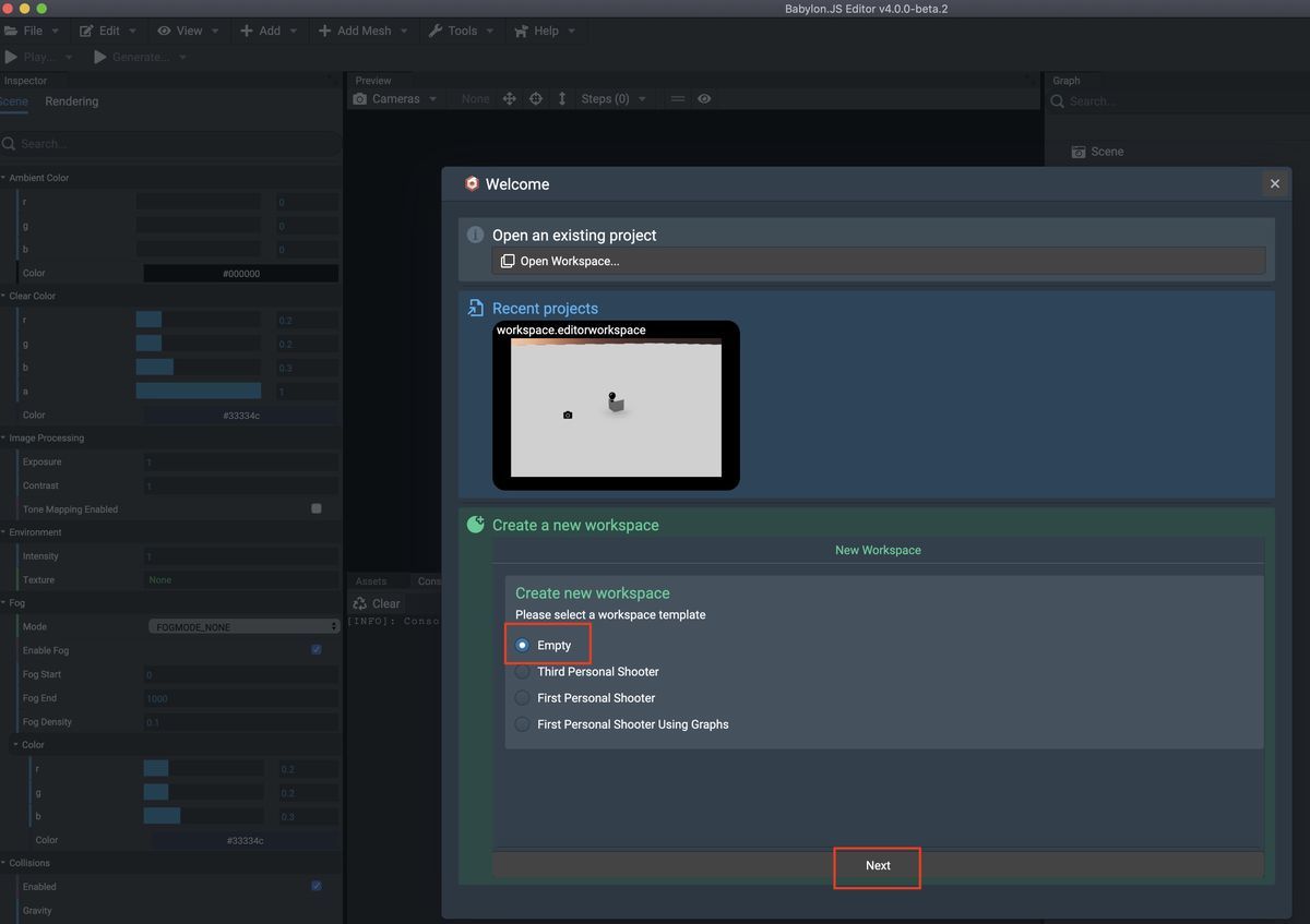 Creating new workspace on Babylon.js Editor v4.0.0beta2 Creating new workspace on Babylon.js Editor v4.0.0beta2