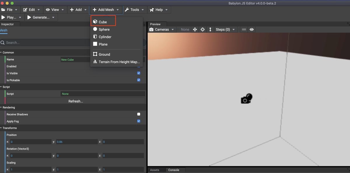 Add mesh on Babylon.js Editor v4.0.0beta2 Add mesh on Babylon.js Editor v4.0.0beta2