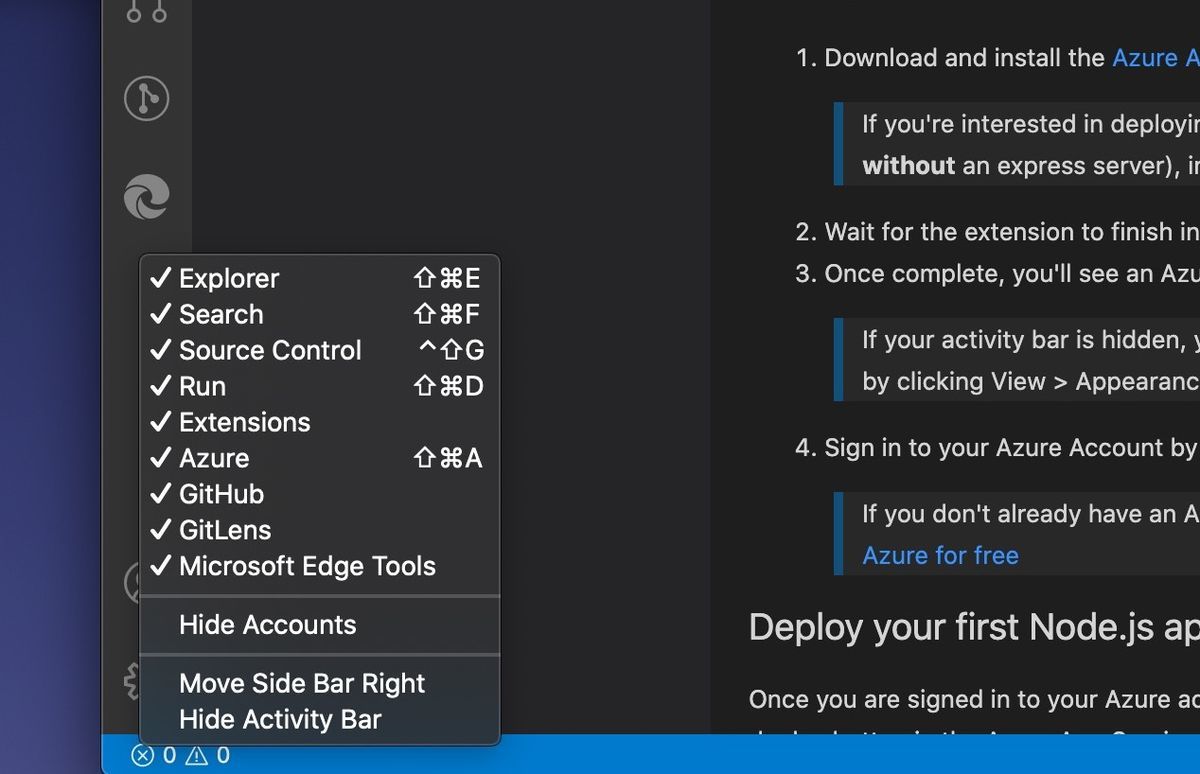 Right click on activity bar of Visual Studio Code