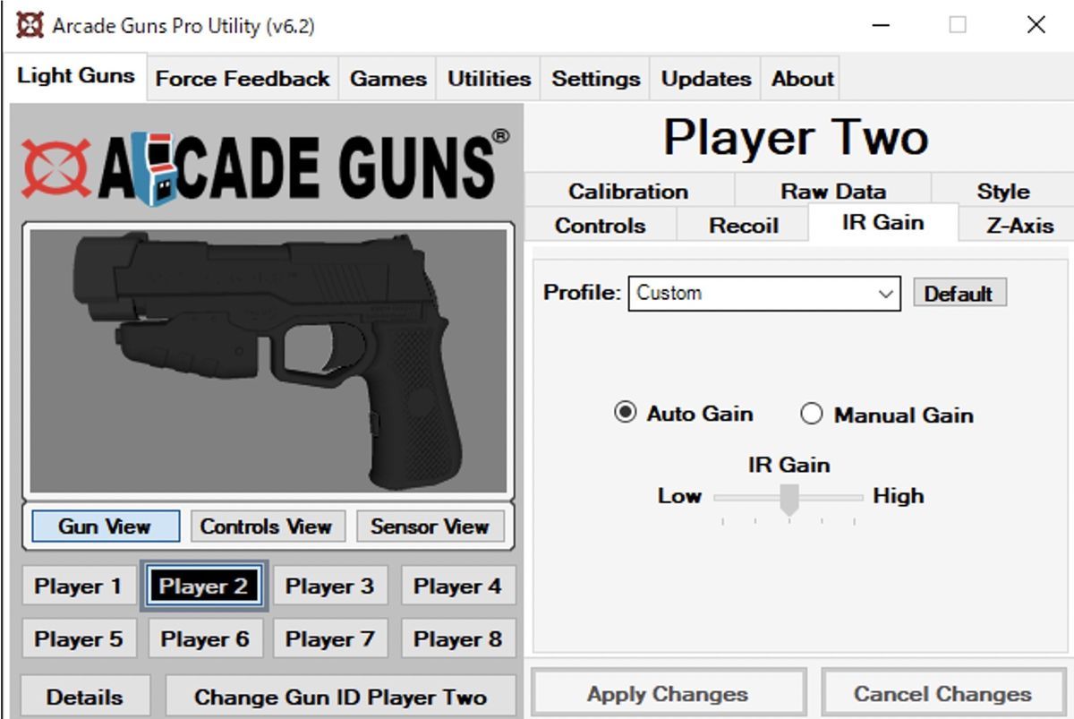 IR Gain setting of Arcade Guns Pro Utility Software