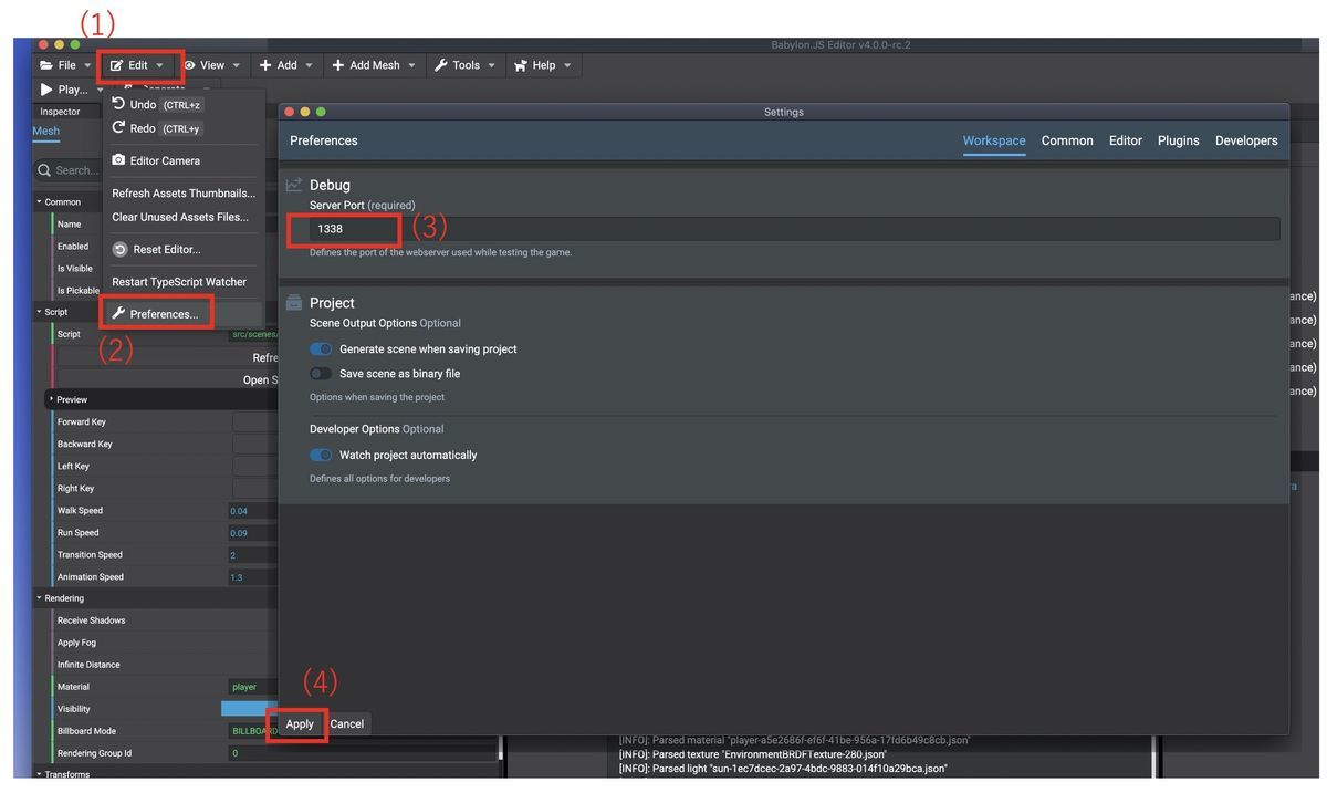 Port number setting on Babylon.js Editorv4