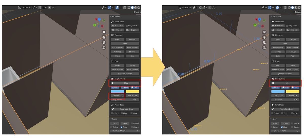 How to show measure on Archimesh and Blender