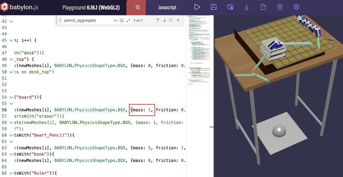 An example of mass 1 on Havok & Babylon.js