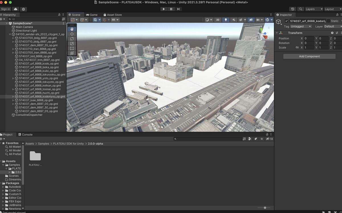 Imported Sendai station model on Unity and PLATEAU