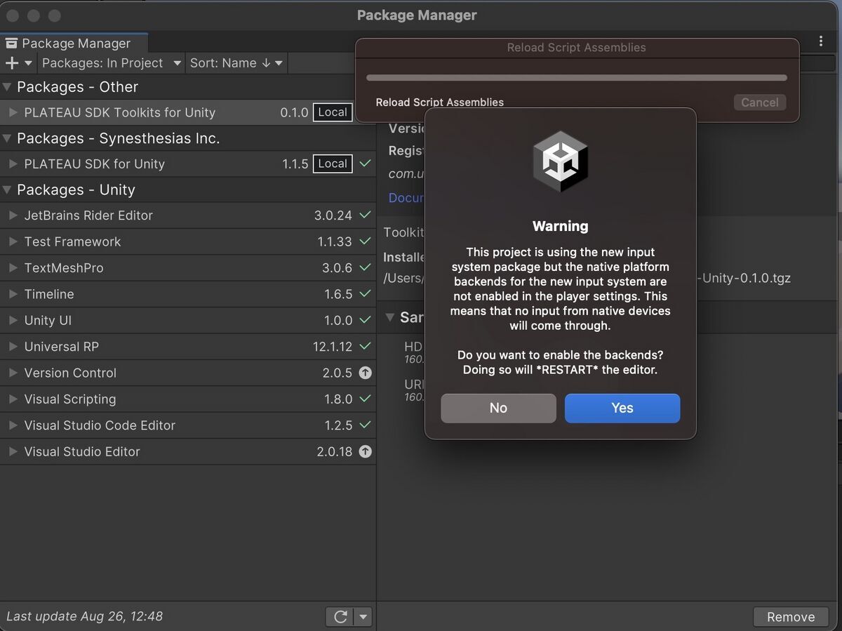 Warning message regarding Input System on PLATEAU SDK Toolkits for Unity 