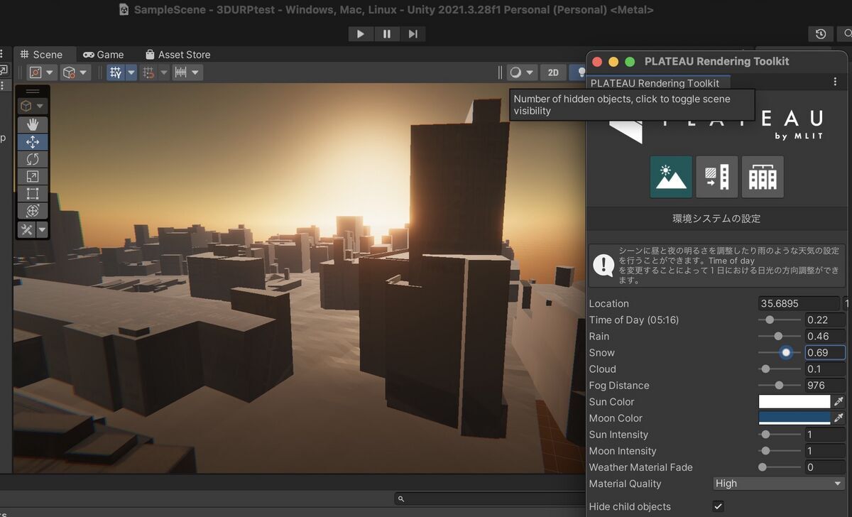 Sunset scene with PLATEAU model on Unity2021.3.28